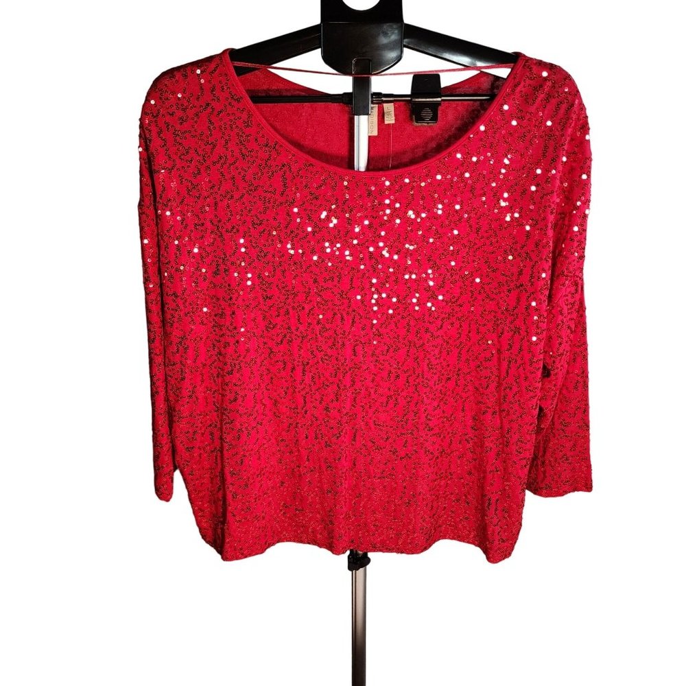 Madison Large Red Sequin 3/4 Sleeve Wide Fit Pullover Top NWT